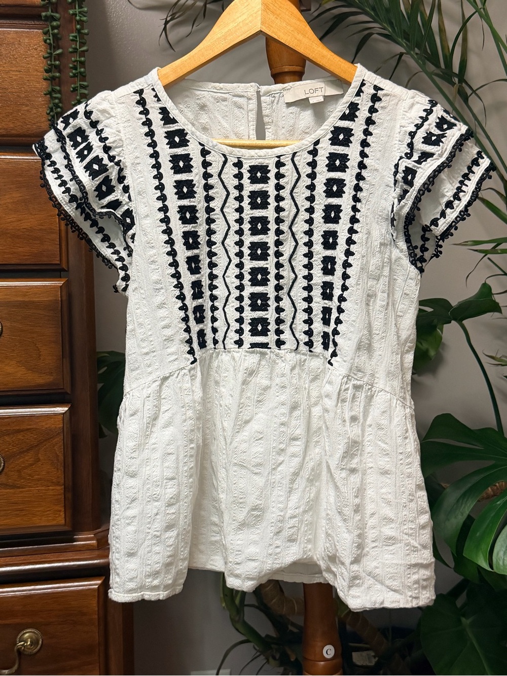 LOFT White Peplum Top with black Embroidery